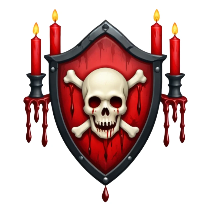Creepy shield badge, candles, bones, blood dripping, gothic horror design, no background
 sticker