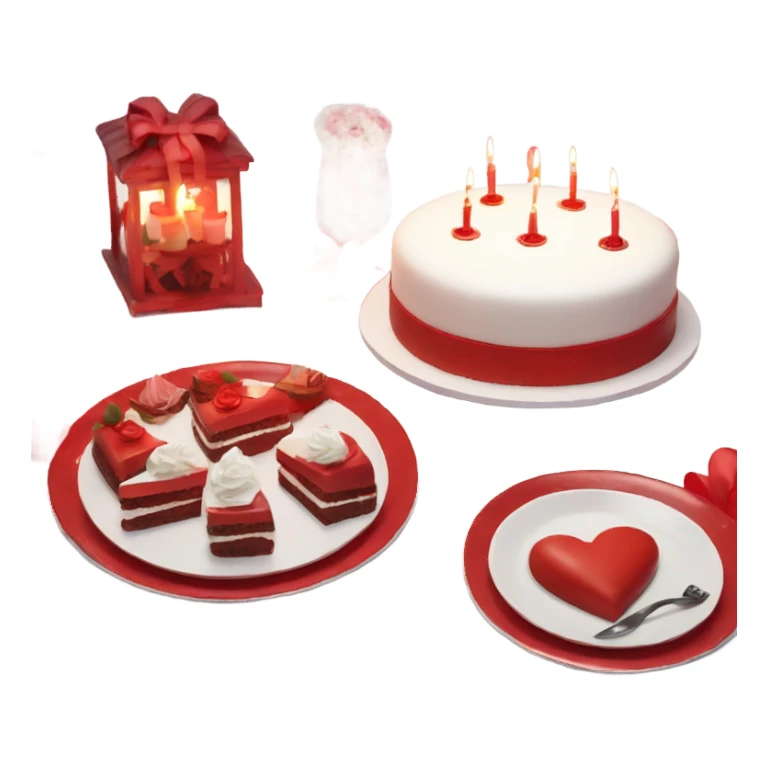 Red romantic party setting for two people and heart balloon  table with white cloth and candle with bows on the table and white Korean cake sticker