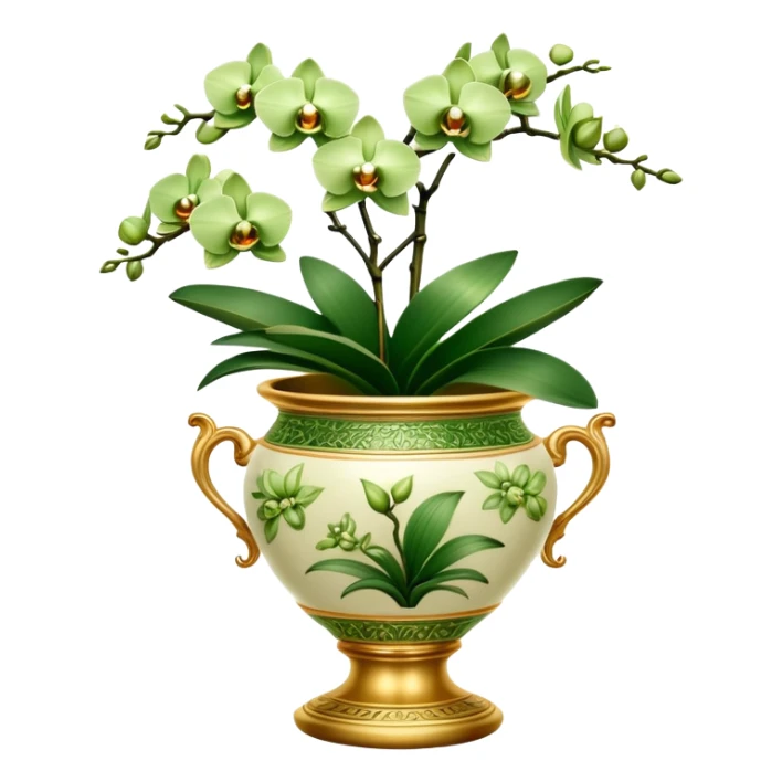 Green orchids in a golden porcelain pot  sticker