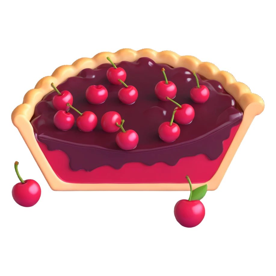 Create an exact 3D iOS 18 emoji style copy of a cherry pie slice with glossy cherries on top, matching the shape and details of the reference image. No plate, fork, or background. No text or watermark. sticker