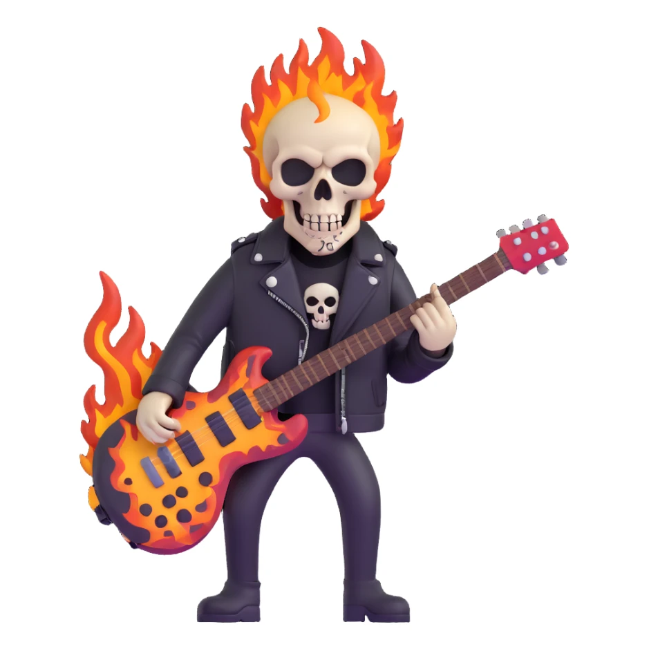 heavy metal skull with flames, electric guitar, leather jacket sticker