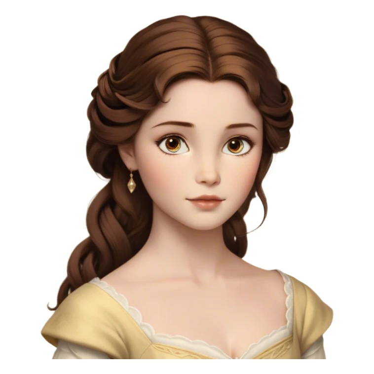 Cinematic Realistic Belle Portrait, depicted with lifelike skin texture, soft natural lighting, and intricately detailed brown hair styled elegantly. Her deep, expressive eyes exude warmth and intelligence, complemented by a serene and graceful expression. She is dressed in her classic attire, with rich fabric textures and delicate folds that catch the light beautifully. The portrait features a soft, enchanting glow with a natural, radiant finish, capturing the essence of timeless beauty in a realistic and painterly style, evoking a sense of depth and authenticity. sticker
