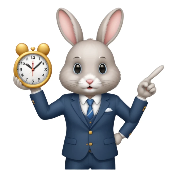 A rabbitwearing a suitand holding a clockand pointing at the clock sticker