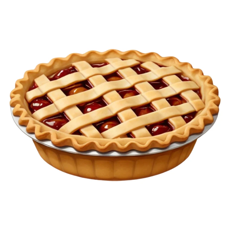 A highly detailed, photorealistic 3D render of a small, individual apple pie, with a golden-brown lattice crust. The filling is a rich, glistening red-amber, bubbling slightly.  sticker
