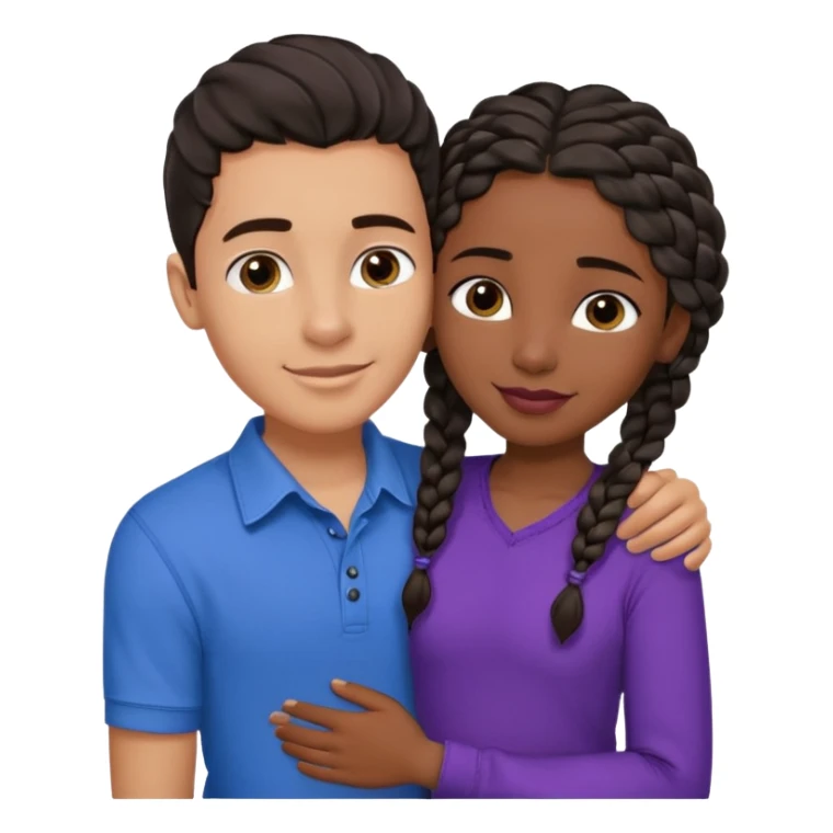 Boyfriend who is middle Easterntan olive skinned with blue eyes and wavy straight brown hair in a blue shirt and his African girlfriend who is very black skinned, juicy lipped with black braided hair and the two are hugging and smiling hugely she’s wearing purple and she has black eyes sticker