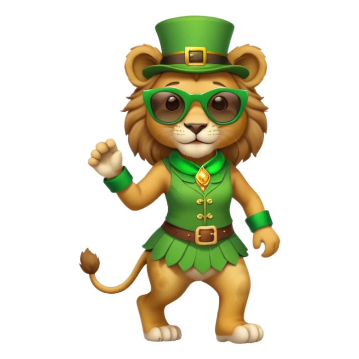 friendly anthropomorphised female lion dressed for St. Patrick's Day in green outfit with festive accessories, dark sunglasses, walking upright with confident stride sticker