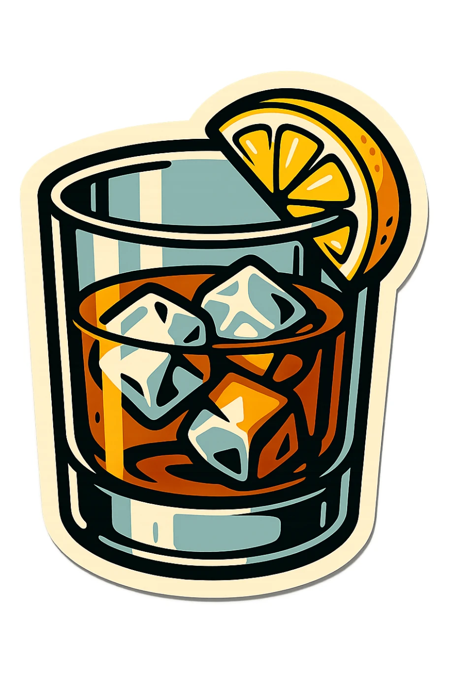 whiskey glass with ice and lemon wedge on the rim, retro stickers style, sharp black outlines, expressive shadows and highlights, no gradients, only sharp color transitions sticker