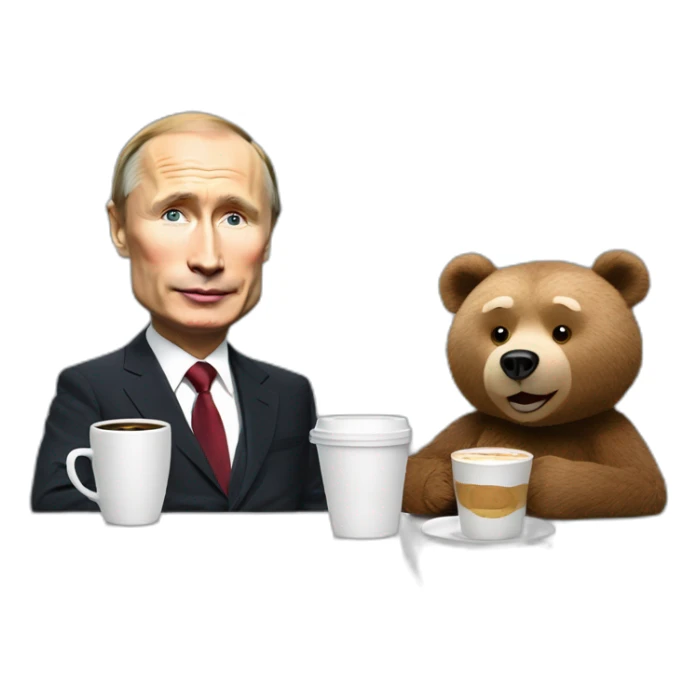 Putin caricature and a Ted Bear as radio talkshow hosts having coffee sticker