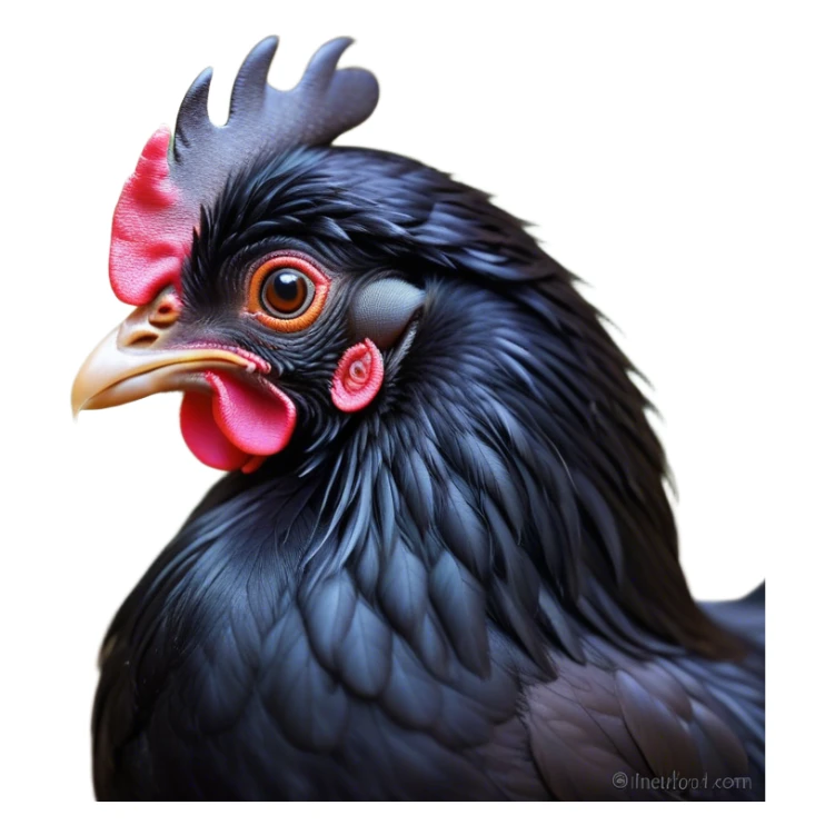 Cinematic Adorable Black Chicken Portrait Emoji, Perched elegantly with silky, deep black feathers, round and chubby with a curious tilt of the head, shimmering dark tones with subtle highlights, bright and inquisitive eyes, highly detailed, glowing with a soft, warm sheen, high shine, confident yet playful, stylized with a whimsical charm, bright and endearing, soft glowing outline, capturing the essence of a mysterious yet lovable farmyard friend, so lively it feels like it could peck at the ground in a moment of curiosity! sticker