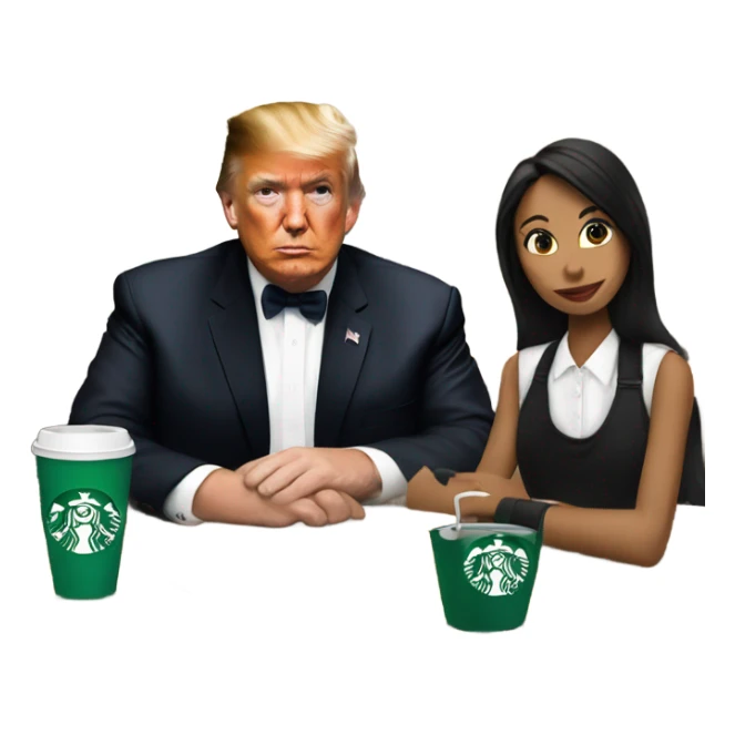trump drinking starbucks with girl in a black hat and apron sticker