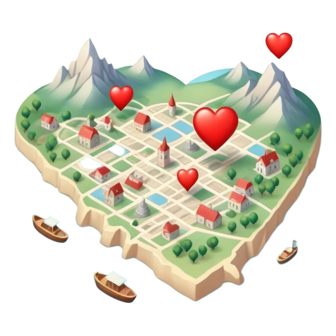 Detailed cartography map with soft ethereal coloring, containing red heart pins marking romantic locations and different symbols for other life experiences sticker