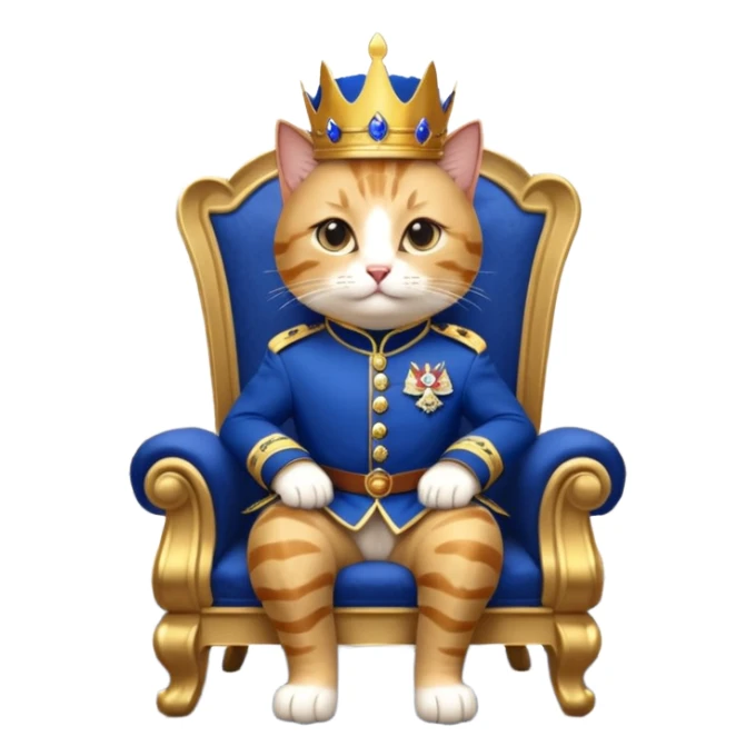 "A regal anthropomorphic cat, dressed in a royal blue and gold military uniform, sitting on a lavish marble throne in a grand, dimly lit palace hall. Cinematic lighting, highly detailed, dramatic, 10 seconds, ultra-realistic."
​ sticker