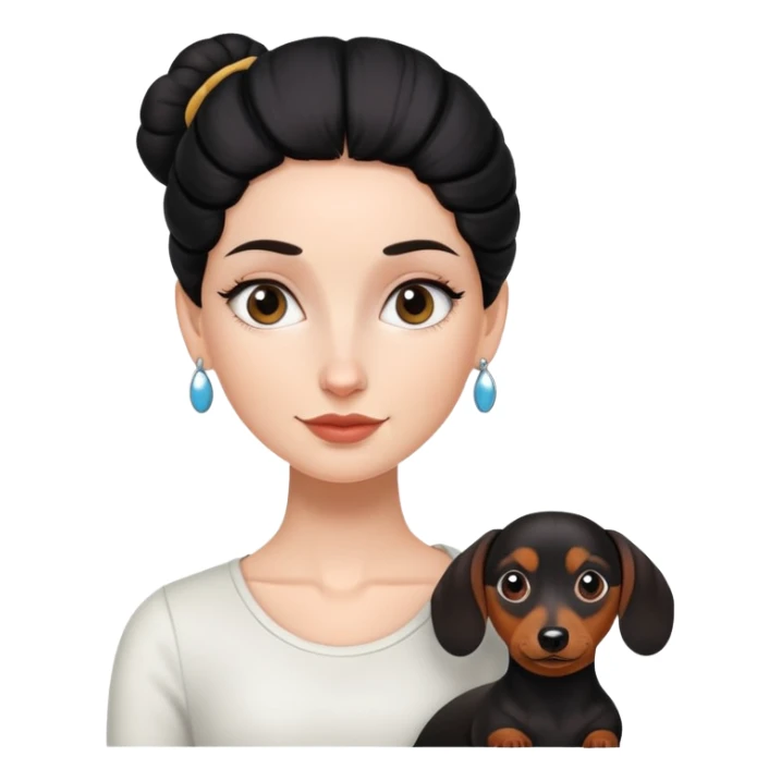 white  girl with black  bun, and a dachshund sticker