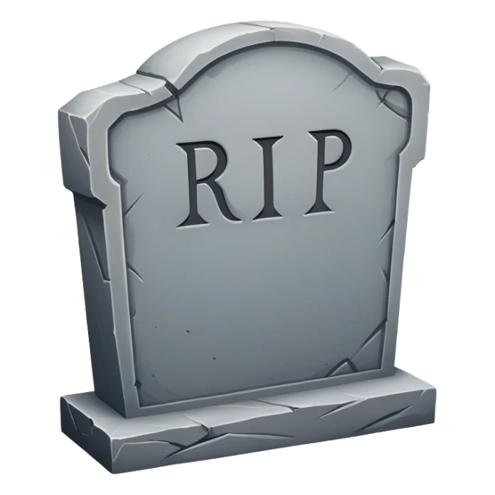 A tombstone with a RIP inscription sticker