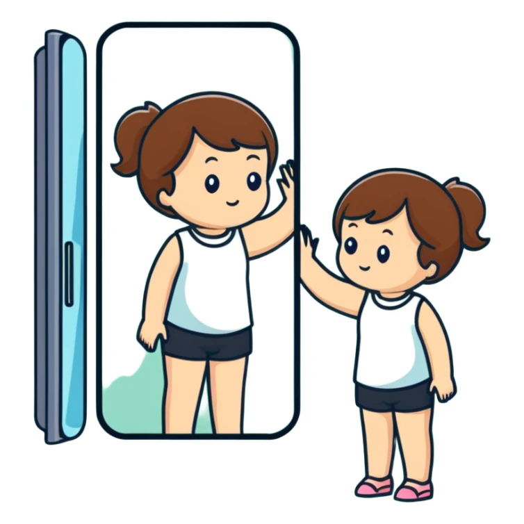 White girl with brown hair checking herself in a wall mirror sticker