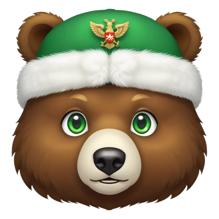 Cute brown bear face with bright green eyes wearing white fluffy ushanka hat with detailed Russian double-headed eagle emblem clearly visible in center, iOS emoji style sticker