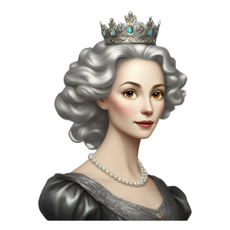 Regal pretty slender middle age woman photograph defined cheekbones high cheekbones crown vintage with very long iridescent black and silver hair wavy long hair pearl crown iridescent sticker