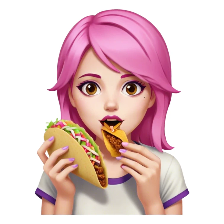 A girl with pink hair eating Taco Bell  sticker