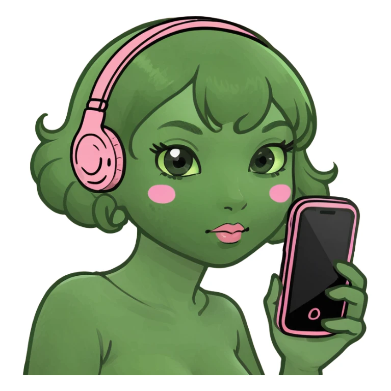 kawaii girl scrolling on pink cell phone sticker