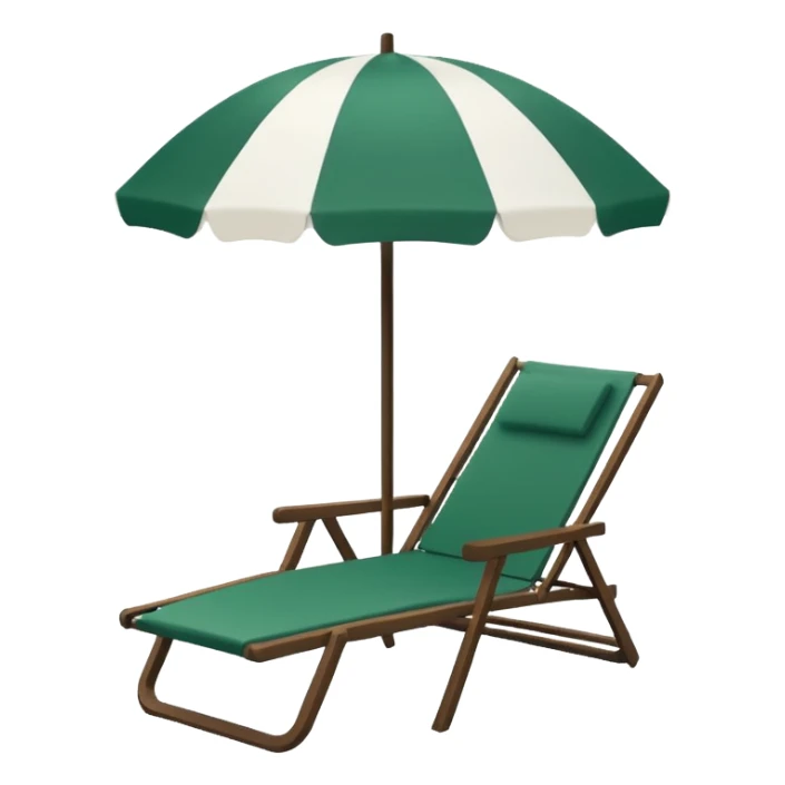 white beach umbrella without any colored elements, dark green lounge chair next to it, minimalism, iOS emoji style, transparent background, no emojis or faces sticker