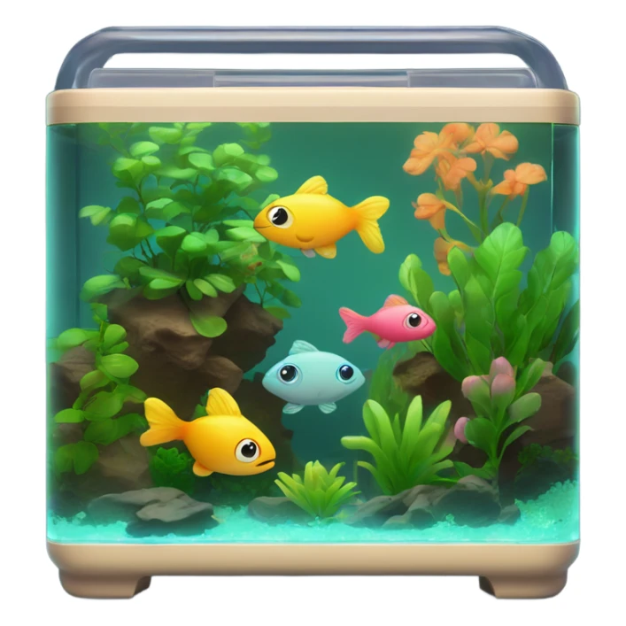 Rectangular fish tank, beige lid and wedgesk with plants inside  and cute fish in neon colors  sticker