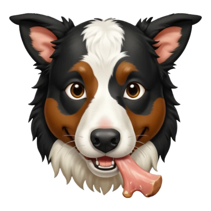 A black and white border collie is chewing on a rotten, smelly cow's hoof. sticker