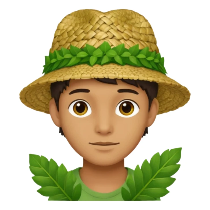 Adam, wearing a handmade hat woven from fresh green leaves, white background sticker