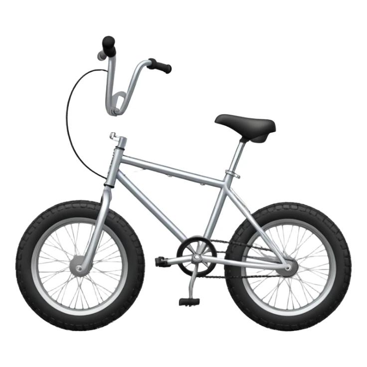 BMX bike with chrome frame, side view, small wheels with fat tires, high rise handlebars, pegs on axles, iOS emoji style sticker