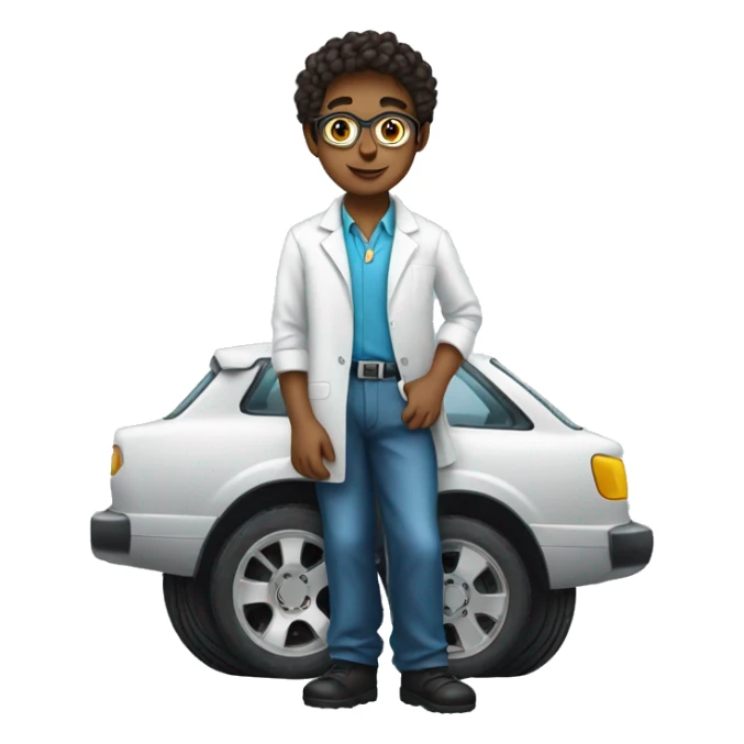 young scientist leaning on a car wheel sticker