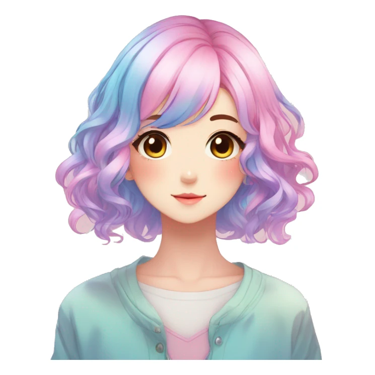 Gorgeous anime style shojo character with blushing face aesthetic and pretty colorful shiny gradient pastel hair with hair garment trending style sticker