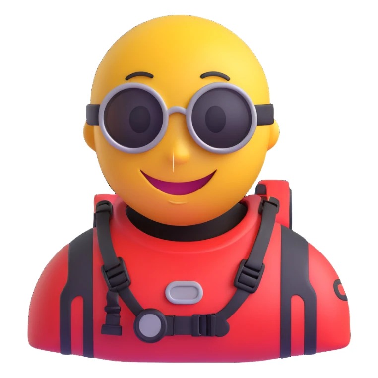 3D smiley emoji, round shape, as a diver, sporty face, transparent background (diving sports) sticker