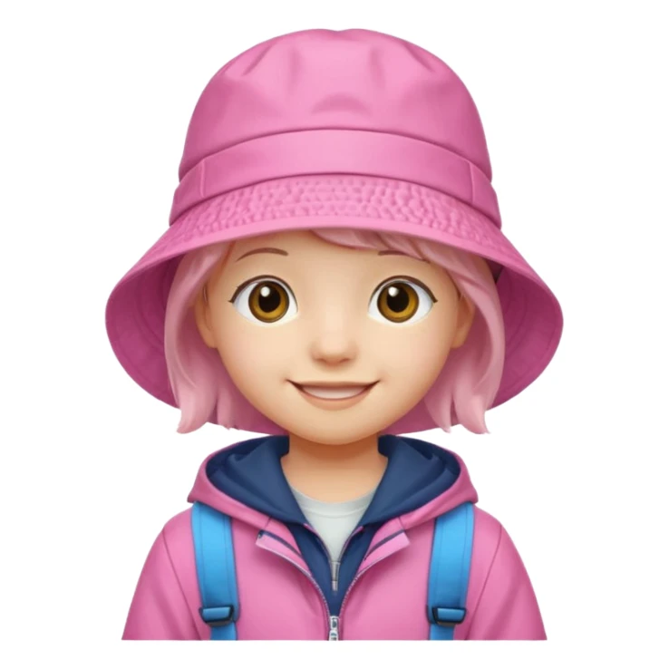 Little student wears pink bucket hat and jacket, backpack, happy sticker