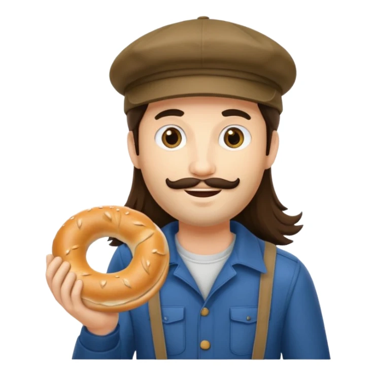 tourist brunette long hair man with cap holding bagel sticker