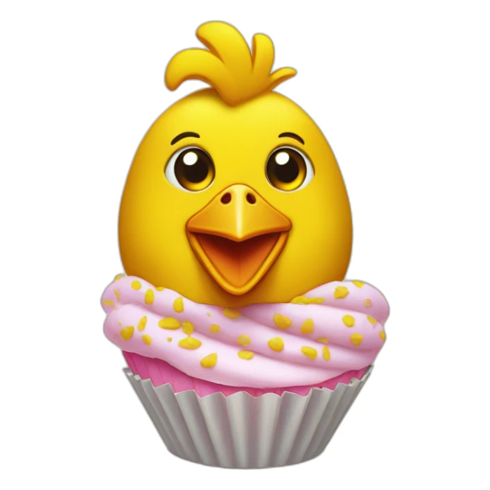 Chica is a yellow animatronic chicken with a bib and a cupcake sticker