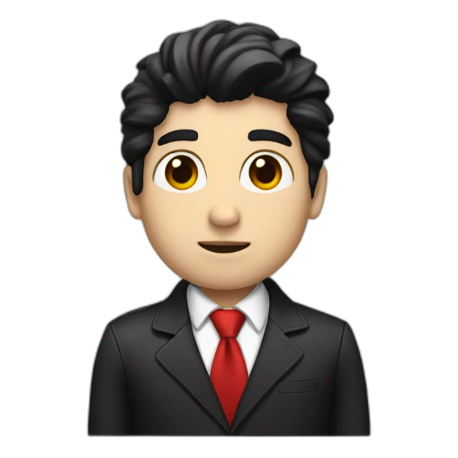 Boss, white skin, black hair, brown eyes, black jacket with red tie. speek sticker