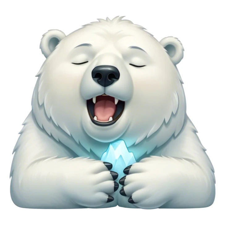 Cinematic Cute Yawning Polar Bear Portrait Emoji, Head tilted slightly with a dramatic, wide-open yawn, showcasing luxuriously thick fur and sleepy, half-closed eyes radiating drowsy contentment, Simplified yet irresistibly adorable features, highly detailed, glowing with a soft, cozy polar light, high shine, relaxed yet expressive, stylized with a dash of whimsical arctic charm, soft glowing outline, capturing the essence of a drowsy yet affectionate guardian that seems ready to stretch out for a nap! sticker