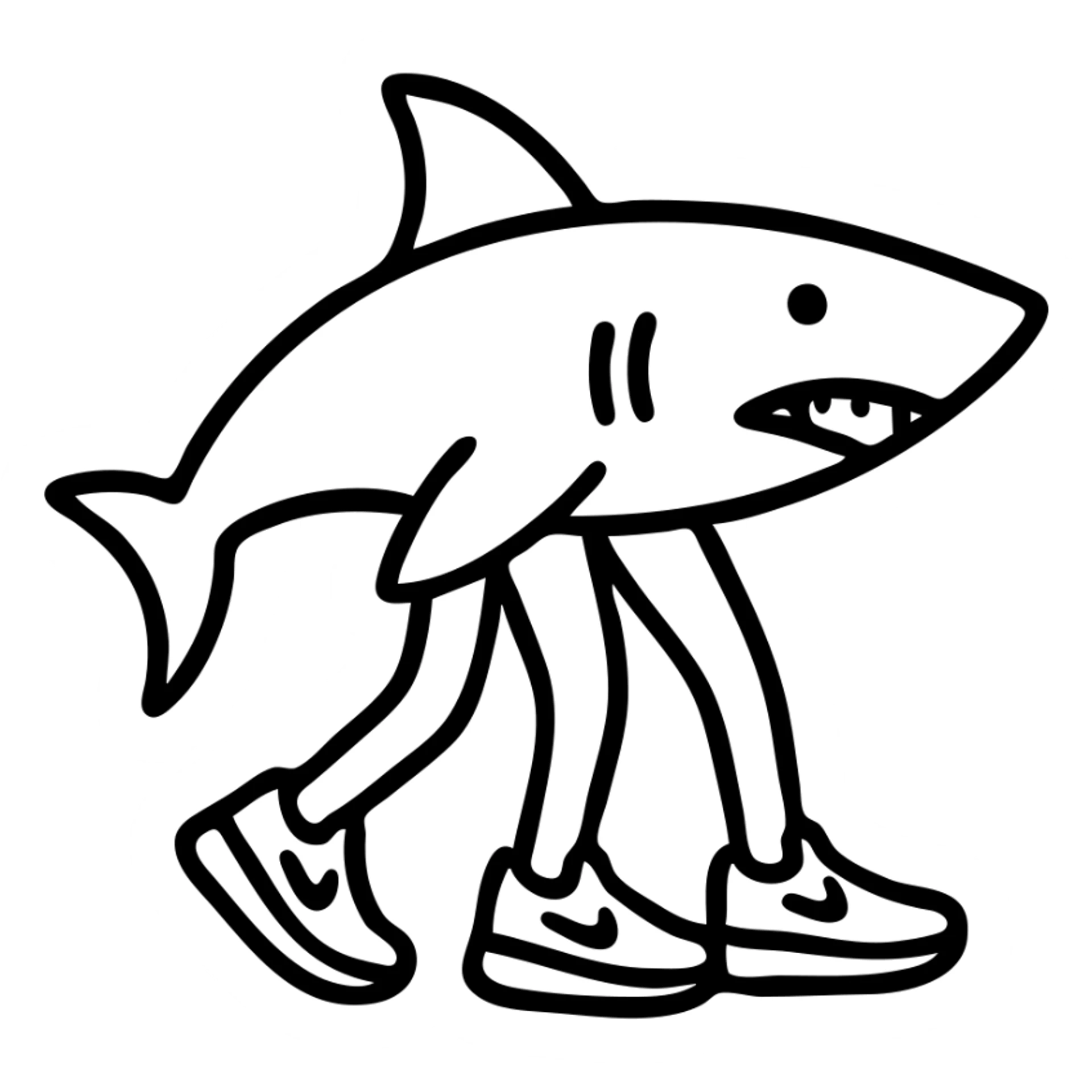 shark with three legs, wearing light blue Nike shoes, icon style, simple outline sticker