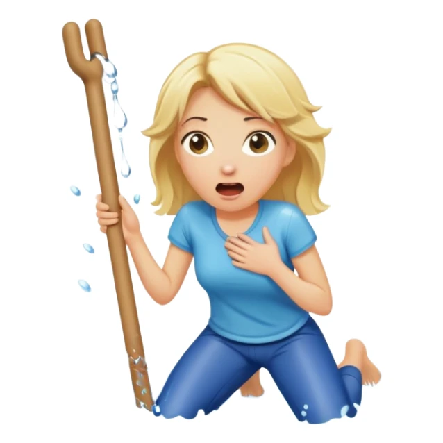 simple blond woman kneeling, surprised, big cartoon stick with D-shaped knob emerging from hanging pants, water splash into her mouth sticker