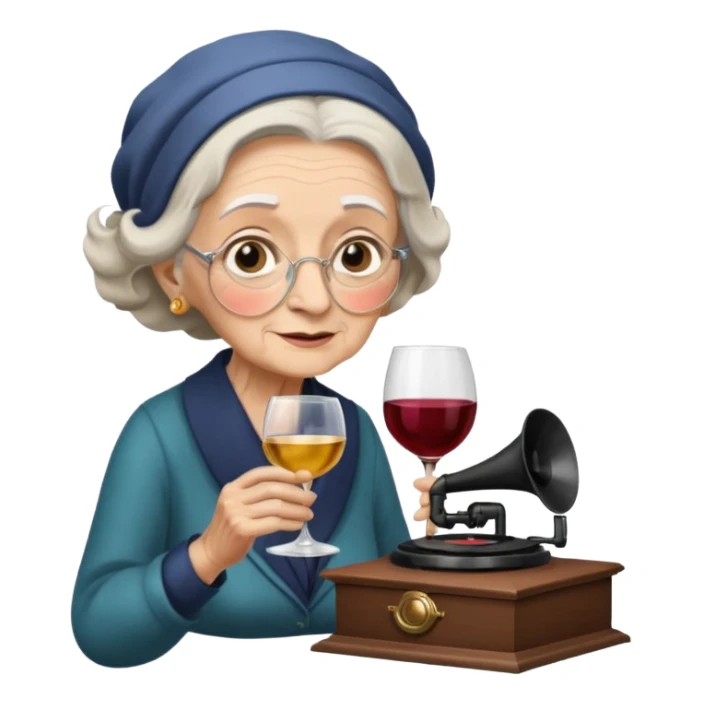 old lady with wineglass listening to gramophone sticker