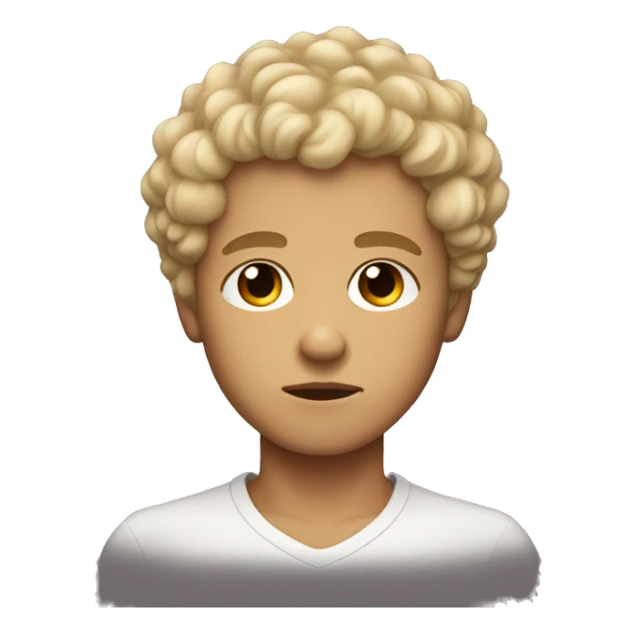 black eyes, very very curly blonde short hair boy, serious face, tan skin sticker