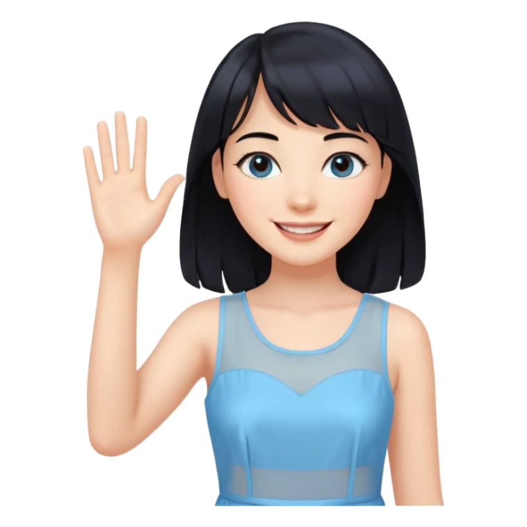 Cewe Romantis Kulit putih glowing, rambut hitam panjang  natural, poni see-through tipis. Pakai shift dress biru pastel terang senyum lembut sambil lihat ke samping. tangannya nyapa sticker