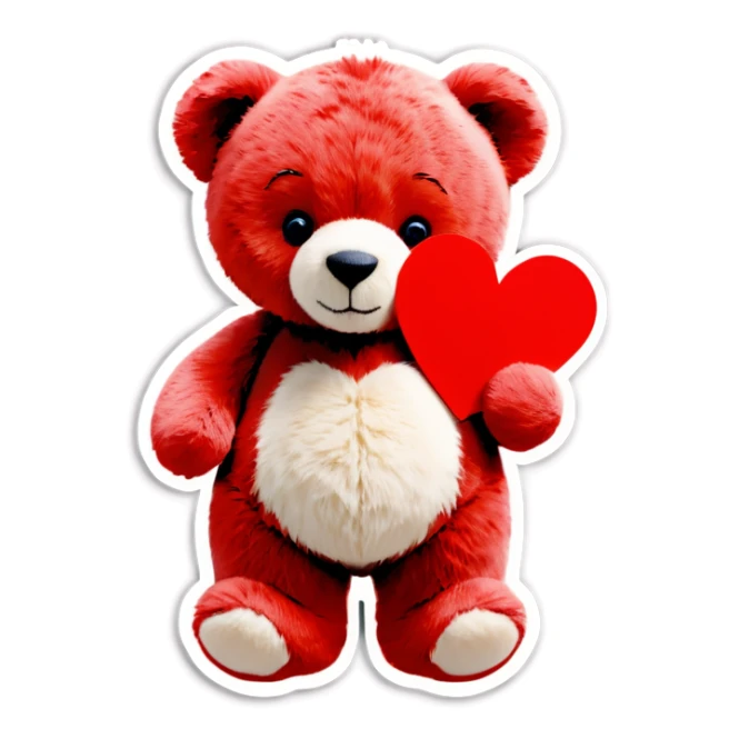 A photo Realistic teddy bear holding a red heart sticker