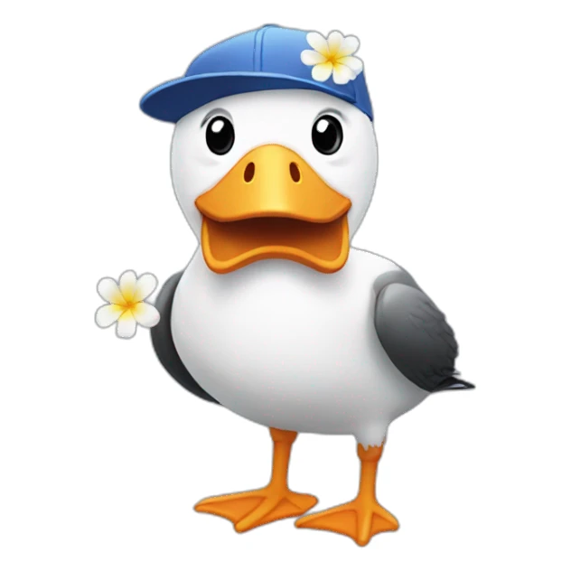 Smiling albatross with a baseball cap that has a flower on it sticker