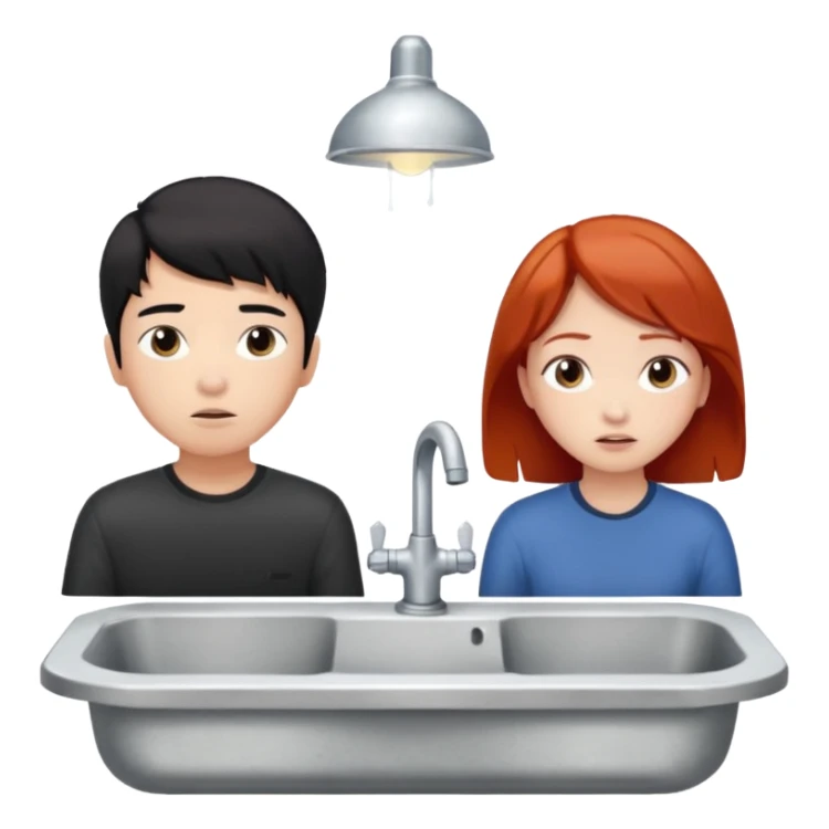 asian black haired boy watches tv with redhead girlfriend by broken sink sticker