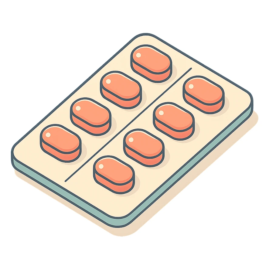 blister pack with oval pills, 2D isometric style, soft rounded shapes, clean contours, pastel palette, detailed shadows and highlights, modern illustration sticker