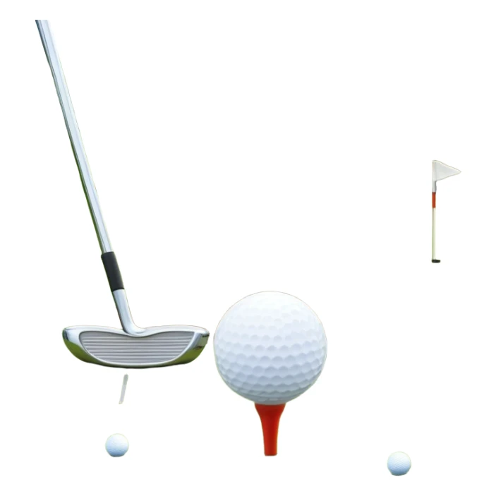 A golf ball on a tee with a golf club placed beside it, set against the backdrop of a well-manicured green golf course. The scene emphasizes the equipment and serene atmosphere of the sport, with soft lighting and a peaceful, open landscape sticker