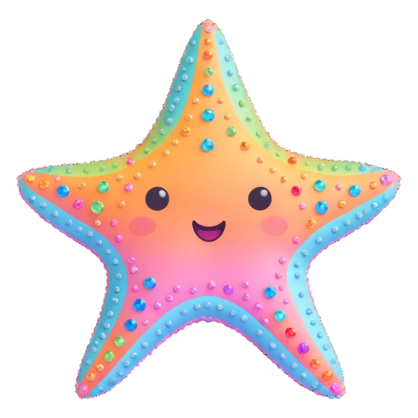 sea star, rainbow pastel colors, covered in sparkling gems, cute simple face sticker