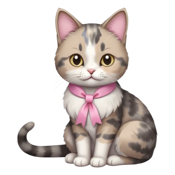 Sitting Dilute grey calico cat with pink ribbon sticker