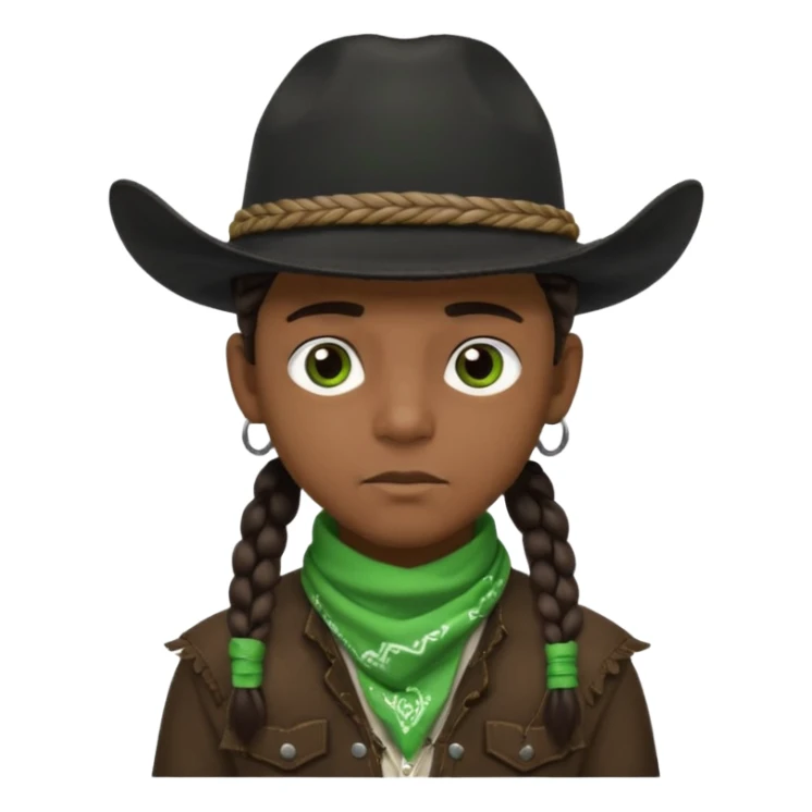 Black boy with three braids near each eye wearing a black cowboy hat with green bandana around his neck sticker