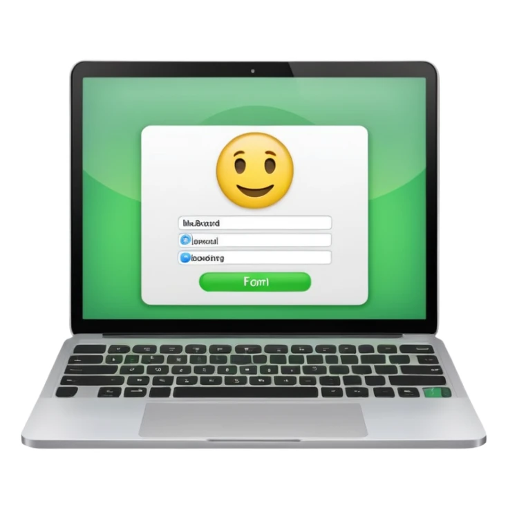 A emoji-style illustration of a laptop front facing with its screen showing onboarding form. On the screen, display a small white form card with a few input fields no labels. Add a bright green button at the bottom of the card no label. fix the keyboard letters. sticker